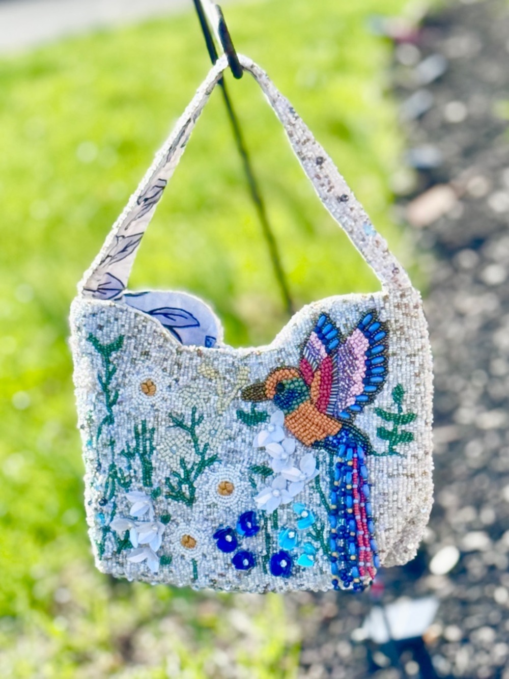 Beaded Hummingbird Statement Bag – Floral Artisan Shoulder Purse NWT